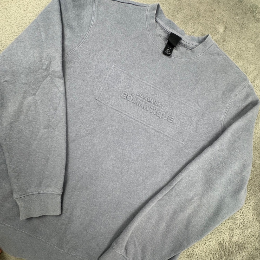 H&M Sweatshirt Mens‎ Medium Blue Gray Excellent Embossed Romantique Graphic Crew